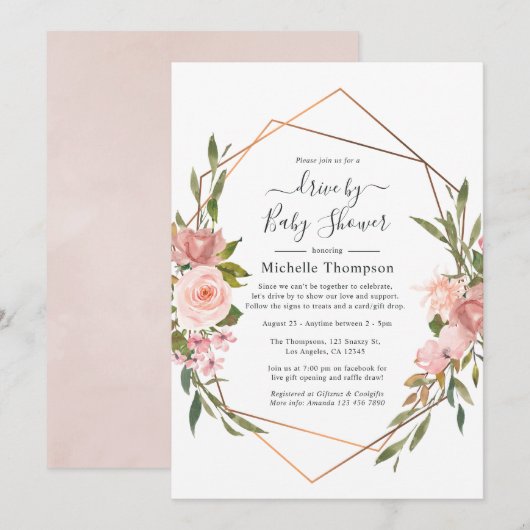 Roos Gold en Blush Pink Drive by Shower Kaart (Voorkant / Achterkant)