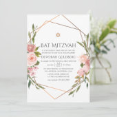 Roos Gold en Blush Pink Floral Bat Mitzvah Kaart (Staand voorkant)