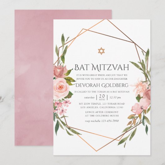 Roos Gold en Blush Pink Floral Bat Mitzvah Kaart (Voorkant / Achterkant)