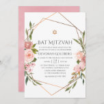 Roos Gold en Blush Pink Floral Bat Mitzvah Kaart<br><div class="desc">Blush roze en roos gouden roos waterverf vleermuis met mitzvah uitnodiging met grijsgroene accenten die een gouden geometrische lijst bevatten.</div>