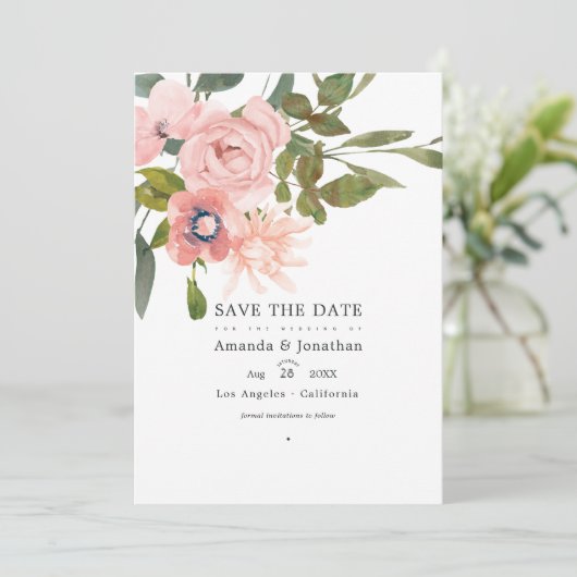 Roos Gold en Blush Pink Floral Weduwfoto Save The Date (Staand voorkant)