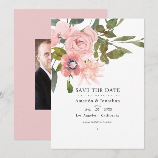 Roos Gold en Blush Pink Floral Weduwfoto Save The Date (Voorkant / Achterkant)