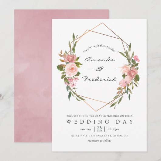 Roos Gold en Blush Pink Geometric Wedding Kaart (Voorkant / Achterkant)