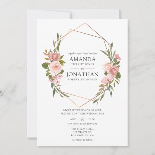 Roos Gold en Blush Pink Geometric Wedding Kaart (Voorkant)