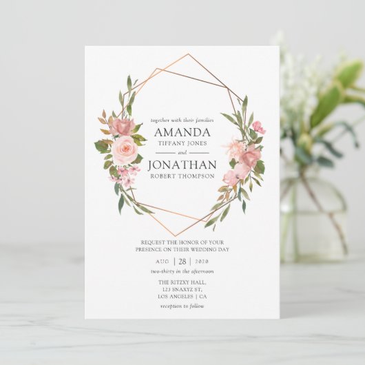Roos Gold en Blush Pink Geometric Wedding Kaart (Staand voorkant)
