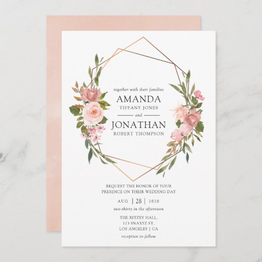Roos Gold en Blush Pink Geometric Wedding Kaart (Voorkant / Achterkant)