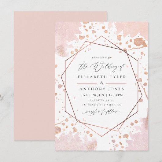 Roos Gold en Blush Pink Geometric Wedding Kaart (Voorkant / Achterkant)