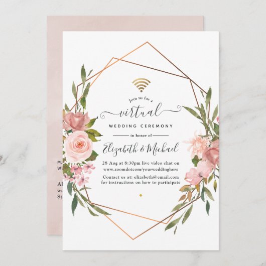 Roos Gold en Blush Pink Online Virtual Weddenschap Kaart (Voorkant / Achterkant)