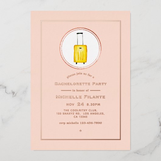 Roos Gold en Blush Pink Travel Bachelorette Party Folie Uitnodiging (Voorkant)