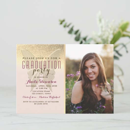 Roos Gold en Blush Roze foto Afstuderen Kaart (Staand voorkant)