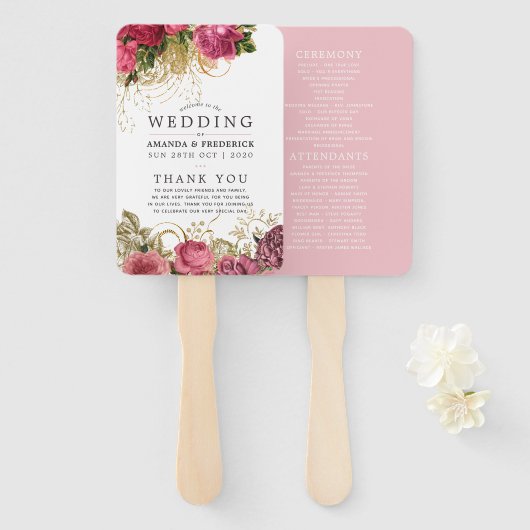 Roos Gold- en Blush Shabby Wedding Program Handwaaier (Voorkant en achterkant)