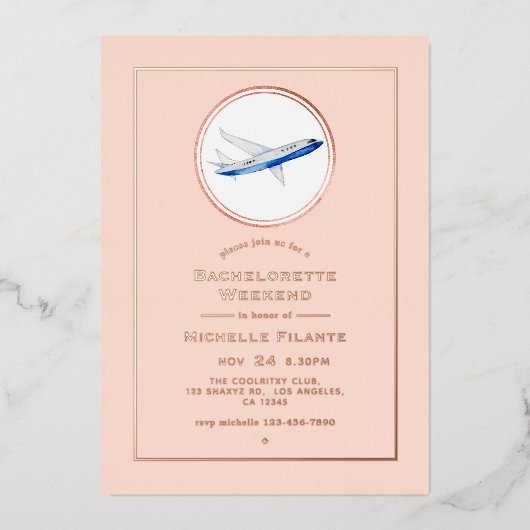 Roos Gold en Blush Travel Bachelorette Weekend Folie Uitnodiging (Voorkant)