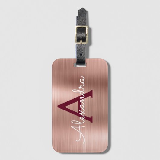 Roos Gold en Bourgogne Brushed Metal Monogram Bagagelabel (Voorkant (verticaal))