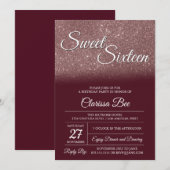 Roos Gold en Bourgogne Sweet Sixteen Invitation Kaart (Voorkant / Achterkant)