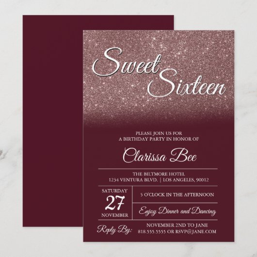 Roos Gold en Bourgogne Sweet Sixteen Invitation Kaart (Voorkant / Achterkant)