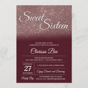 Roos Gold en Bourgogne Sweet Sixteen Invitation Kaart