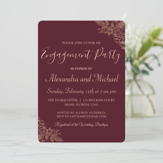 Roos Gold en Bourgondische Rozen Verlovingsfeest Kaart (Staand voorkant)