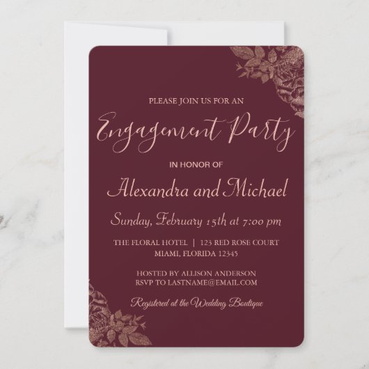 Roos Gold en Bourgondische Rozen Verlovingsfeest Kaart (Voorkant)