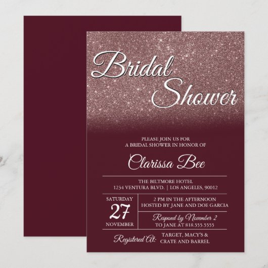 Roos Gold en Burgundy Bridal Shower Kaart (Voorkant / Achterkant)