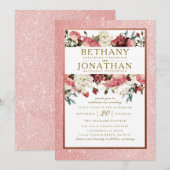 Roos Gold en Burgundy Floral Wedding Invitation Kaart (Voorkant / Achterkant)