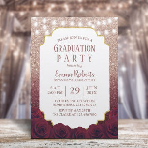 Roos Gold en Burgundy Red Glitter Ombre Afstuderen Kaart