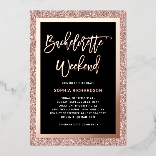 Roos Gold en Faux Glitter | Bachelorette Weekend Folie Uitnodiging (Voorkant)