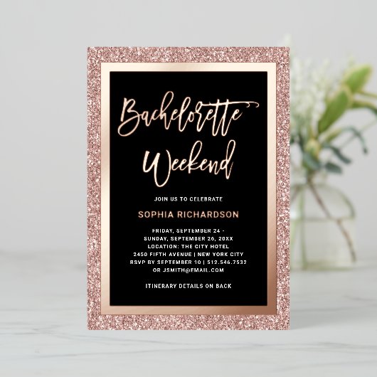 Roos Gold en Faux Glitter | Bachelorette Weekend Folie Uitnodiging (Staand Voorkant)