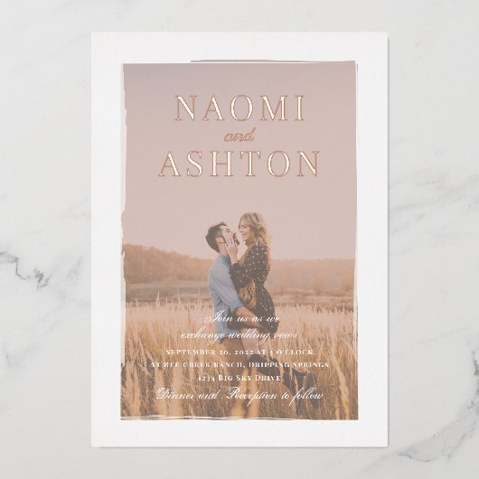 Roos Gold en Folie van het fotohuwelijk Folie Uitnodiging (Voorkant)