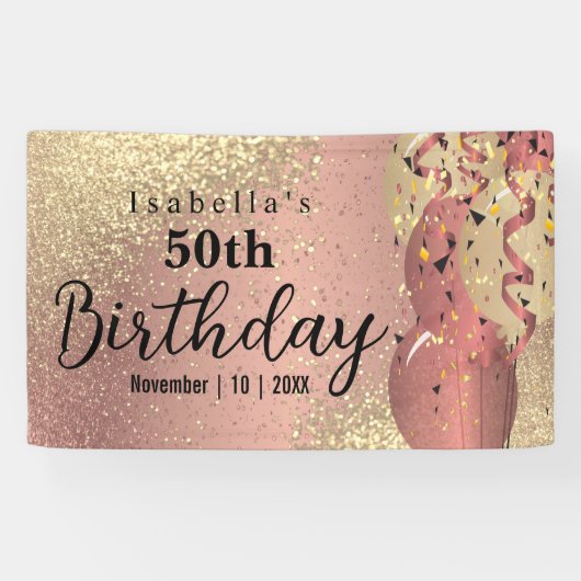 Roos Gold en Glitter Birthday Spandoek (Horizontaal)
