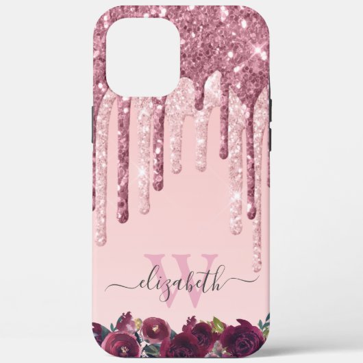 Roos Gold en Glitter Drips Monogramed Case-Mate iPhone Case (Achterkant)