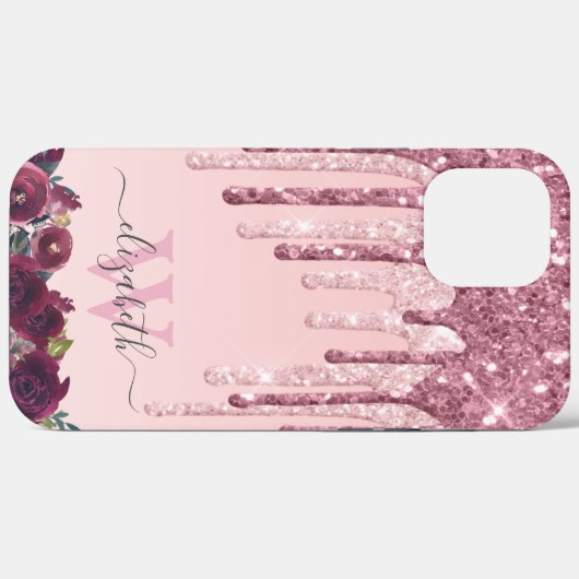 Roos Gold en Glitter Drips Monogramed Case-Mate iPhone Case (Achterkant (horizontaal))