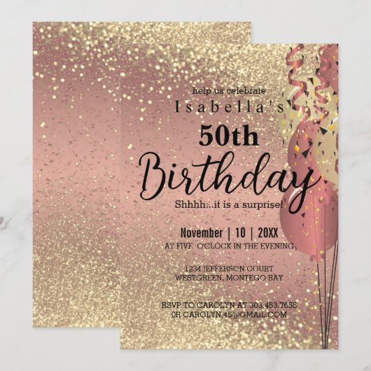 Roos Gold en Gold Glitter Birthday Invitation Kaart (Voorkant / Achterkant)