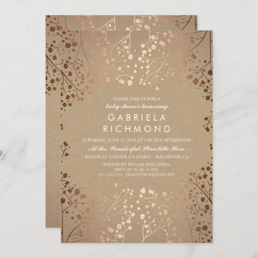 Roos Gold en Kraft Bloemen Wit Baby shower Kaart (Voorkant / Achterkant)