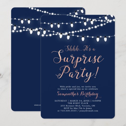 Roos Gold en marine | Modern Surprise Birthday Kaart (Voorkant / Achterkant)