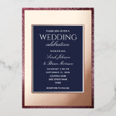 Roos Gold- en marinesurvebindblauw Folie Uitnodiging (Voorkant)