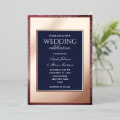 Roos Gold- en marinesurvebindblauw Folie Uitnodiging (Staand Voorkant)