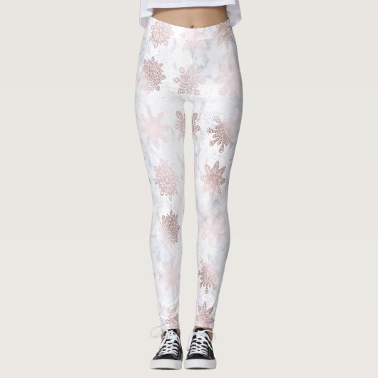 Roos Gold en marmer Snowflake kerstpatronen Leggings (Voorkant)
