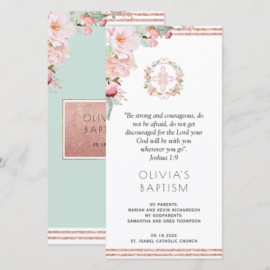Roos Gold en Mint Floral Baptism Bladwijzer Favor Bedankkaart (Voorkant / Achterkant)