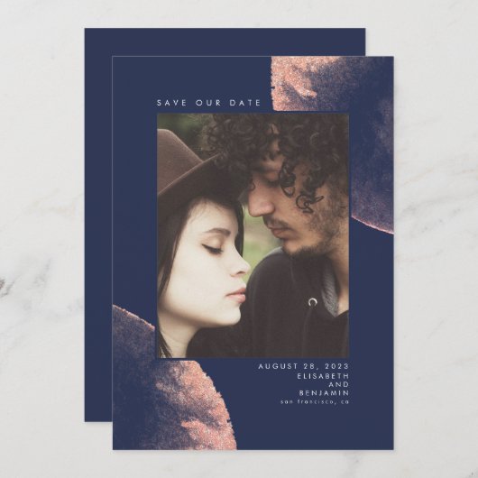 Roos Gold en Navy Blue Bewaar datum foto Save The Date (Voorkant / Achterkant)