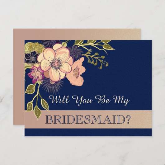 Roos Gold en Navy Blue bruidsmeisje voorstel Kaart (Voorkant / Achterkant)