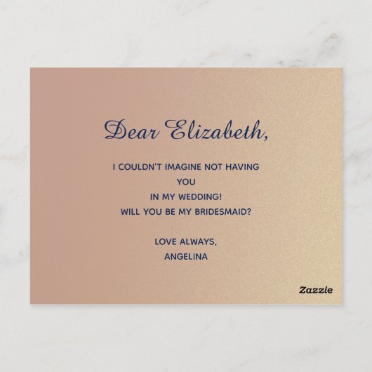 Roos Gold en Navy Blue bruidsmeisje voorstel Kaart (Achterkant)