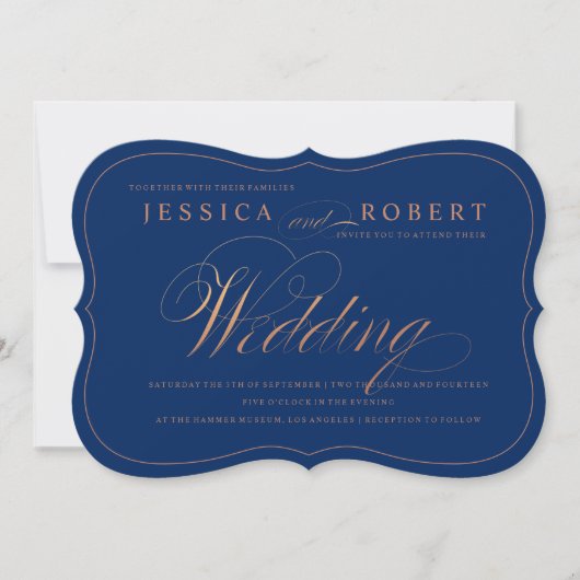 Roos Gold en Navy Blue Elegant Script Wedding Kaart (Voorkant)