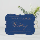 Roos Gold en Navy Blue Elegant Script Wedding Kaart (Staand voorkant)