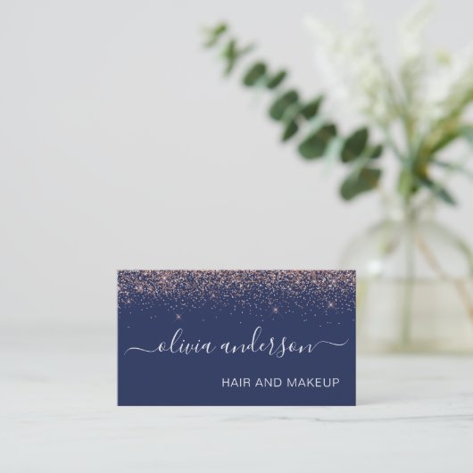 Roos Gold en Navy Blue Glitter Hair Makeup Salon Visitekaartje (Staand voorkant)