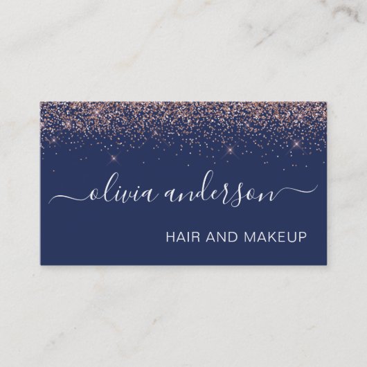 Roos Gold en Navy Blue Glitter Hair Makeup Salon Visitekaartje (Voorkant)