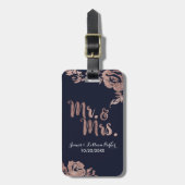 Roos Gold en Navy Blue Mr. en Mrs. Floral Bagagelabel (Voorkant verticaal)