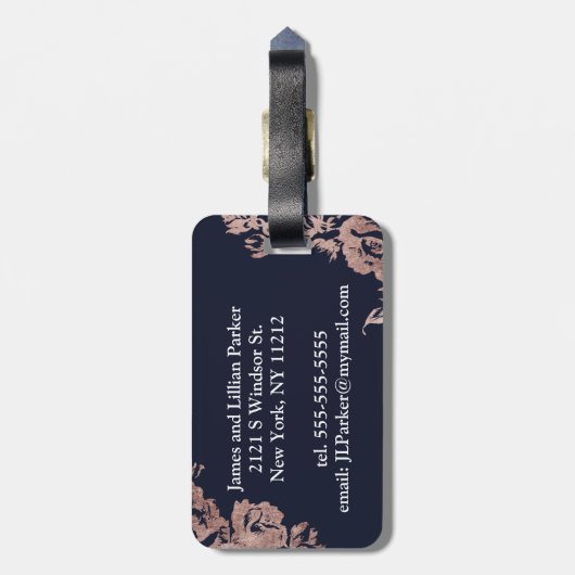 Roos Gold en Navy Blue Mr. en Mrs. Floral Bagagelabel (Achterkant verticaal)