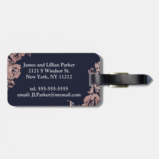 Roos Gold en Navy Blue Mr. en Mrs. Floral Bagagelabel (Achterkant horizontaal)