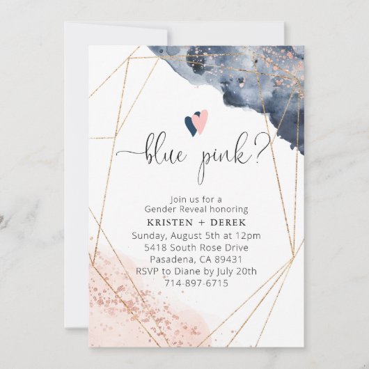 Roos Gold en Navy Blue Waterverf Gender Reveal Kaart (Voorkant)