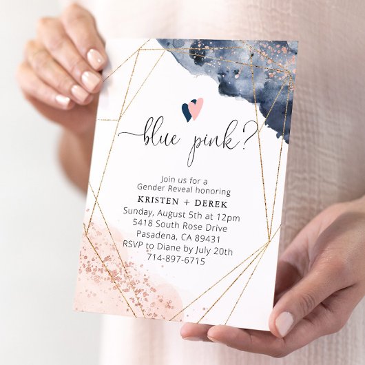 Roos Gold en Navy Blue Waterverf Gender Reveal Kaart